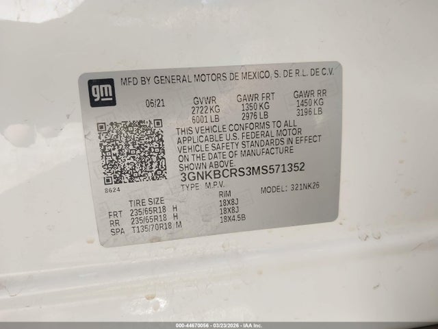 44670056 :رقم المزاد ، 3GNKBCRS3MS571352 vin ، 2021 Chevrolet Blazer Fwd 2lt مزاد بيع