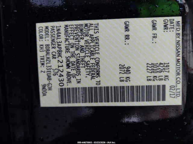 1N4AL3AP8HC212430 Nissan Altima 2.5 Sr