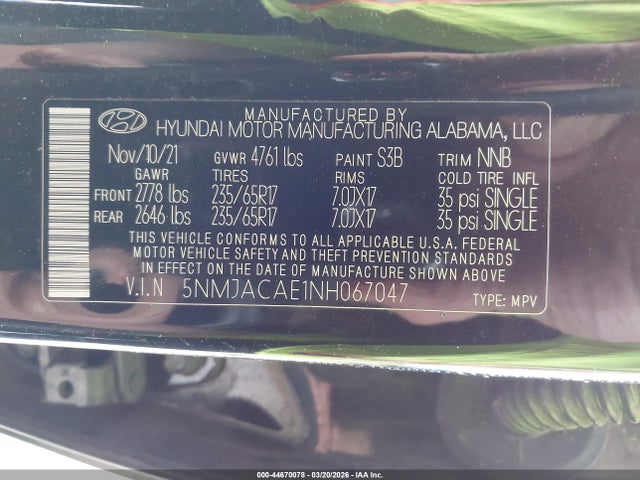 Продаж на аукціоні авто 2022 Hyundai Tucson Se, vin: 5NMJACAE1NH067047, номер лоту: 44670078