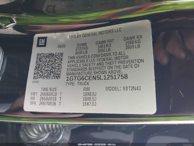 Aukcja sprzedaży 2020 Gmc Canyon 4wd  Short Box Sle, vin: 1GTG6CEN5L1251758, numer aukcji: 44670086