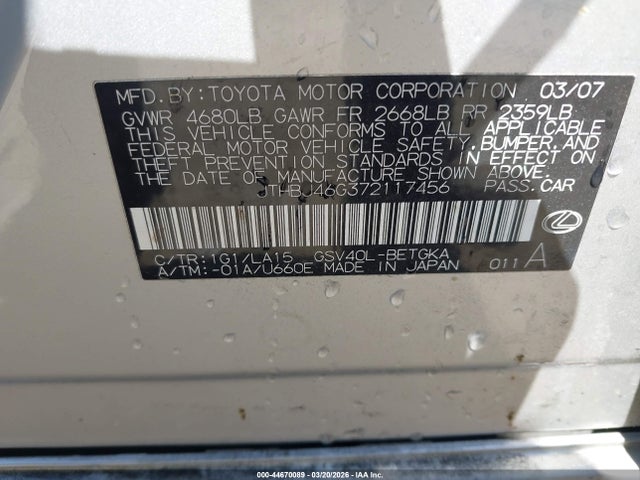 44670089 :رقم المزاد ، JTHBJ46G372117456 vin ، 2007 Lexus Es 350 مزاد بيع