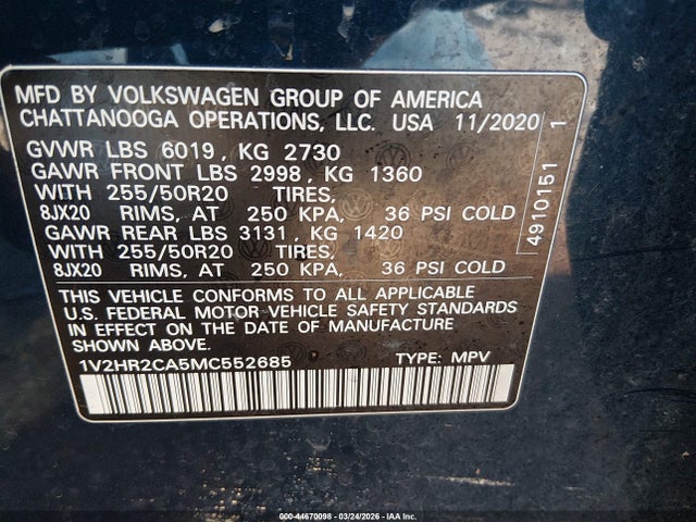 Продаж на аукціоні авто 2021 Volkswagen Atlas 3.6l V6 Se W/technology, vin: 1V2HR2CA5MC552685, номер лоту: 44670098