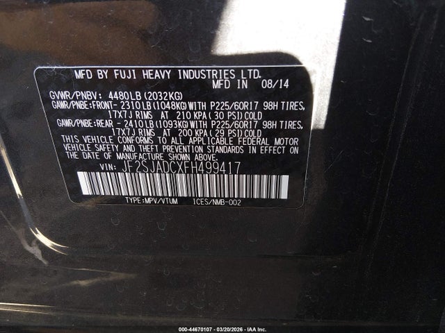 Auction sale of the 2015 Subaru Forester 2.5i Premium, vin: JF2SJADCXFH499417, lot number: 44670107