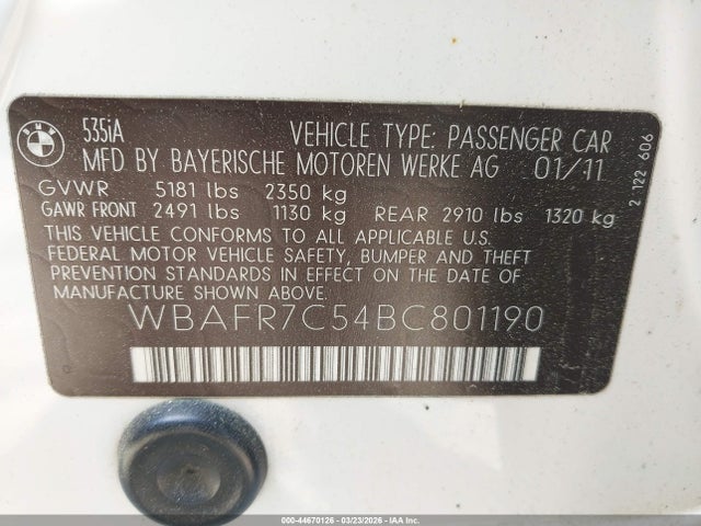 Продаж на аукціоні авто 2011 Bmw 535i, vin: WBAFR7C54BC801190, номер лоту: 44670126