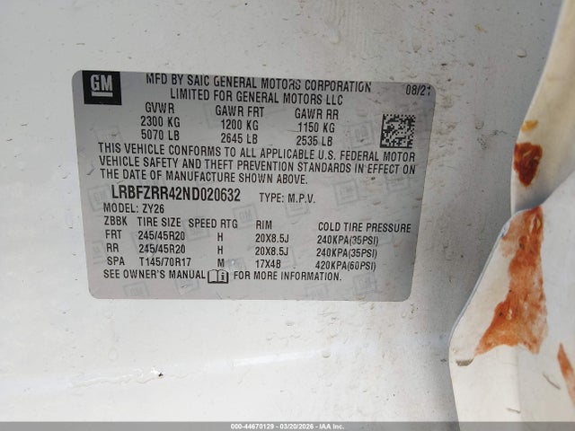 44670129 :رقم المزاد ، LRBFZRR42ND020632 vin ، 2022 Buick Envision Fwd Avenir مزاد بيع