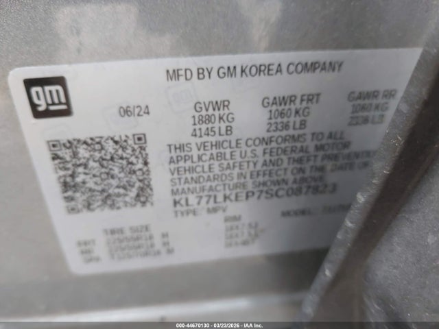 44670130 :رقم المزاد ، KL77LKEP7SC087823 vin ، 2025 Chevrolet Trax Fwd Activ مزاد بيع