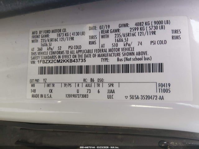 Aukcja sprzedaży 2019 Ford Transit-350 Xl, vin: 1FBZX2CM2KKB43735, numer aukcji: 44670144