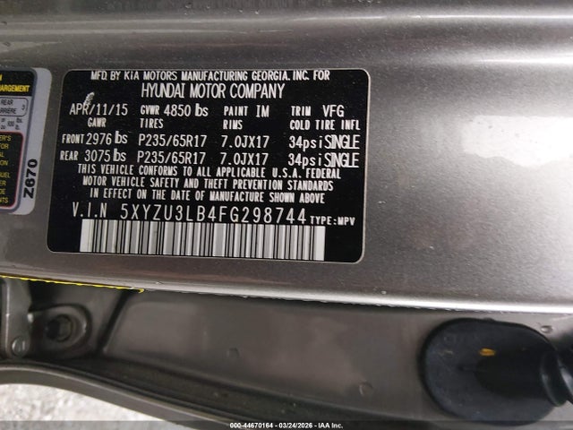 2015 Hyundai Santa Fe Sport 2.4l მანქანა იყიდება აუქციონზე, vin: 5XYZU3LB4FG298744, აუქციონის ნომერი: 44670164