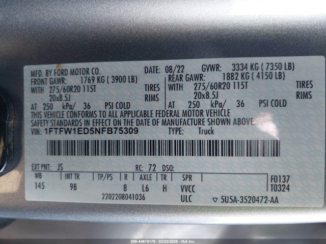Продаж на аукціоні авто 2022 Ford F-150 Platinum, vin: 1FTFW1ED5NFB75309, номер лоту: 44670176