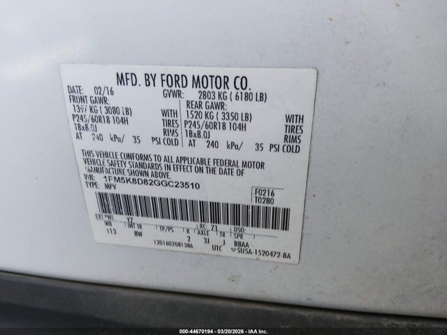 2016 FORD EXPLORER 1FM5K8D82GGC23510 Photo 8