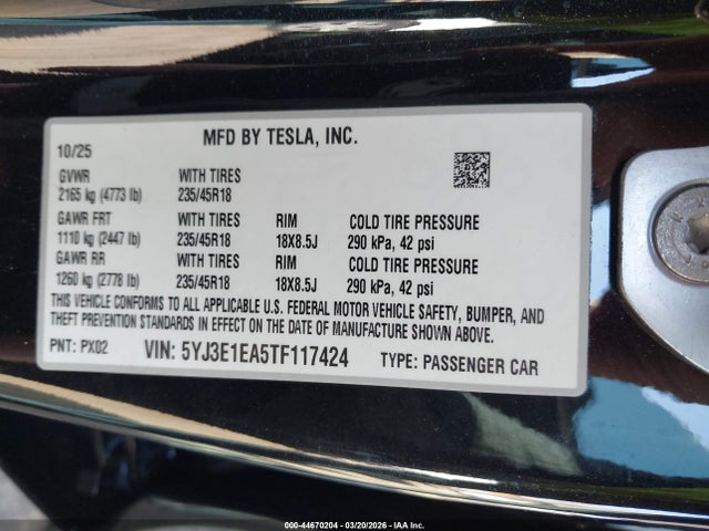 Продажа на аукционе авто 2026 Tesla Model 3 Premium Rear-wheel Drive/standard Rear-wheel Drive, vin: 5YJ3E1EA5TF117424, номер лота: 44670204