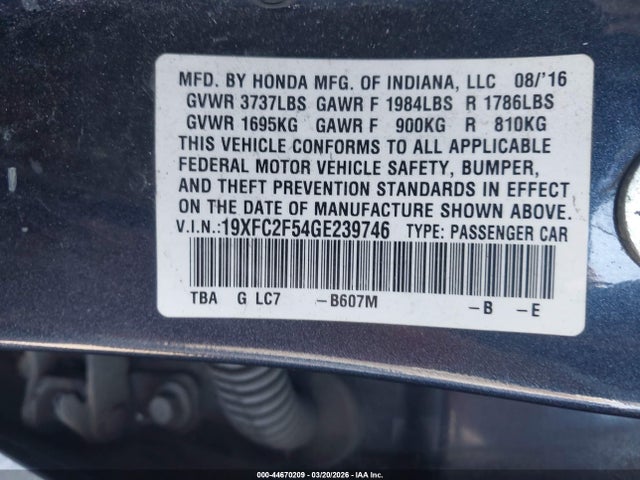 Honda Civic Lx 2016 19XFC2F54GE239746 Image 9