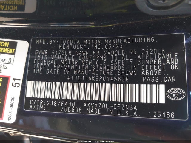 4T1C11AK6PU145638 Toyota CAMRY LE