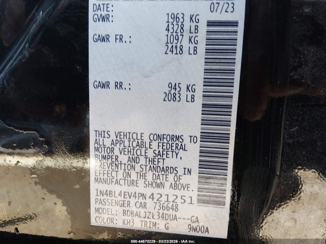 2023 Nissan Altima Sl Fwd მანქანა იყიდება აუქციონზე, vin: 1N4BL4EV4PN421251, აუქციონის ნომერი: 44670229