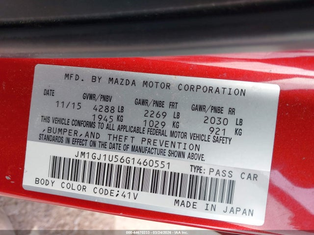44670233 :رقم المزاد ، JM1GJ1U56G1460551 vin ، 2016 Mazda Mazda6 I Sport مزاد بيع
