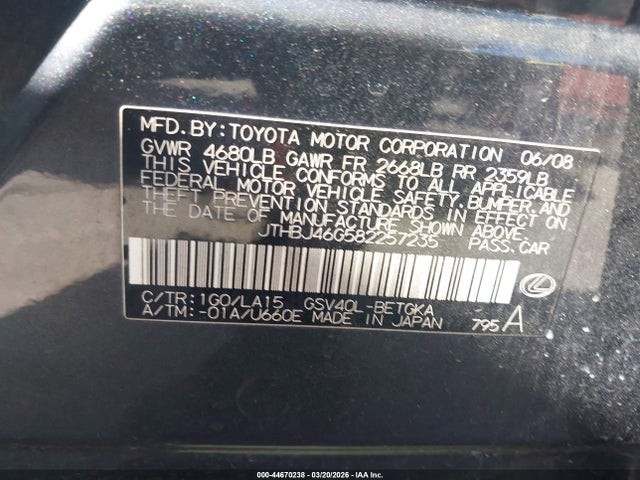 Aukcja sprzedaży 2008 Lexus Es 350, vin: JTHBJ46G582257235, numer aukcji: 44670238
