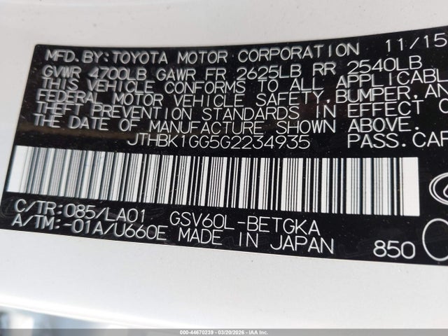 Aukcja sprzedaży 2016 Lexus Es 350, vin: JTHBK1GG5G2234935, numer aukcji: 44670239