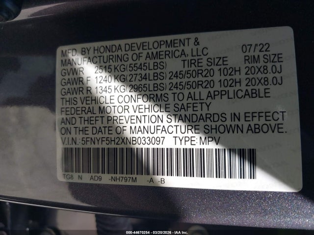 5FNYF5H2XNB033097 Honda Pilot 2wd Special Edition