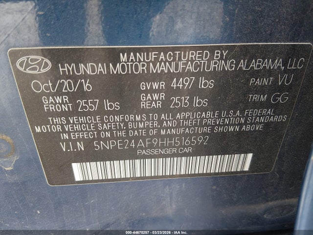 5NPE24AF9HH516592 Hyundai Sonata