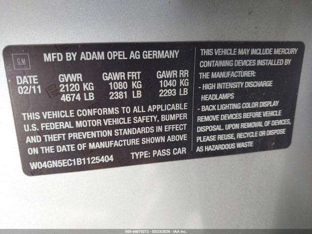 44670273 :رقم المزاد ، W04GN5EC1B1125404 vin ، 2011 Buick Regal Cxl Russelsheim مزاد بيع