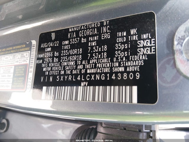 Aukcja sprzedaży 2022 Kia Sorento S, vin: 5XYRL4LCXNG143809, numer aukcji: 44670281