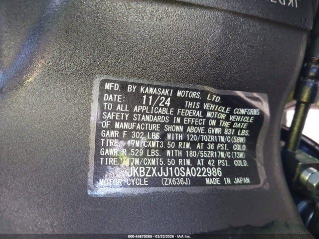 Продажа на аукционе авто 2025 Kawasaki Zx636 K, vin: JKBZXJJ10SA022986, номер лота: 44670285