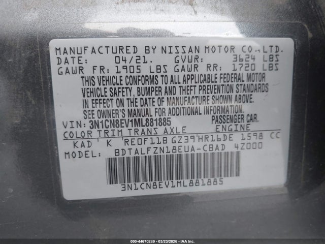 Продажа на аукционе авто 2021 Nissan Versa Sv Xtronic Cvt, vin: 3N1CN8EV1ML881885, номер лота: 44670289