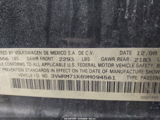 2009 Volkswagen Jetta Se მანქანა იყიდება აუქციონზე, vin: 3VWRM71K89M094561, აუქციონის ნომერი: 44670290