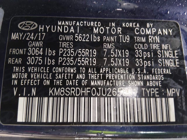 44670291 :رقم المزاد ، KM8SRDHF0JU265831 vin ، 2018 Hyundai Santa Fe Limited Ultimate مزاد بيع