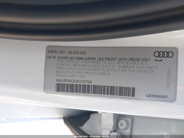 44670292 :رقم المزاد ، WAUFFAFCXJN103766 vin ، 2018 Audi S6 4.0t Premium Plus مزاد بيع