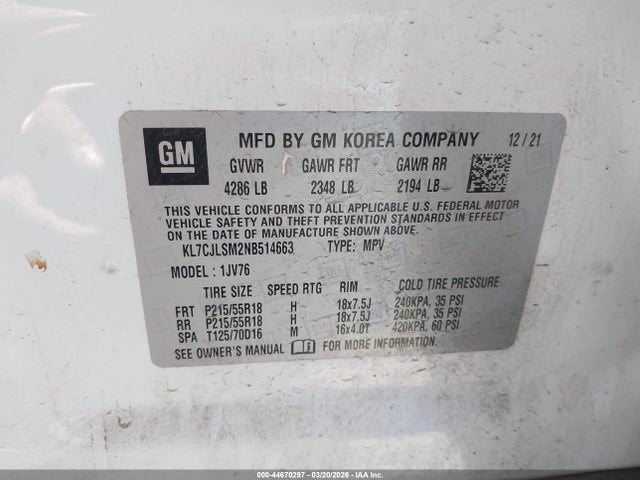 44670297 :رقم المزاد ، KL7CJLSM2NB514663 vin ، 2022 Chevrolet Trax Fwd Lt مزاد بيع