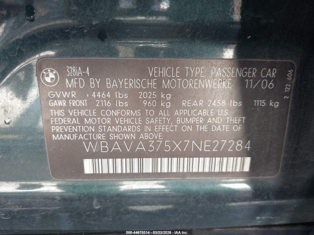 Продажа на аукционе авто 2007 Bmw 328i, vin: WBAVA375X7NE27284, номер лота: 44670314
