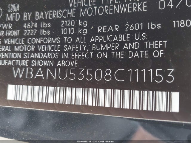 44670315 :رقم المزاد ، WBANU53508C111153 vin ، 2008 Bmw 528i مزاد بيع