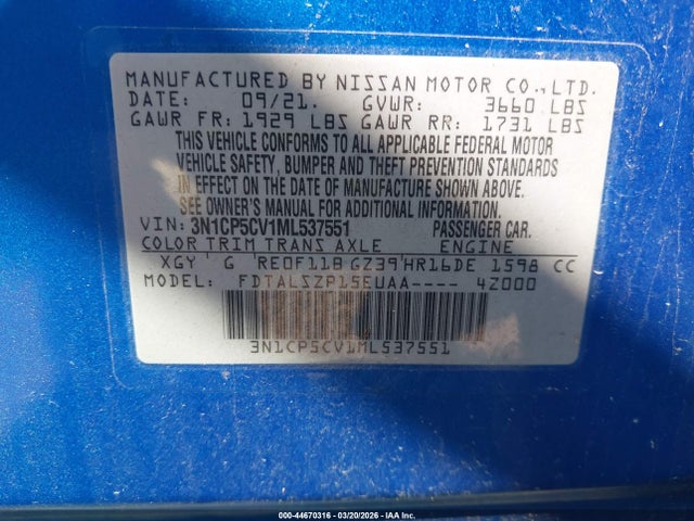 3N1CP5CV1ML537551 Nissan Kicks Sv Xtronic Cvt