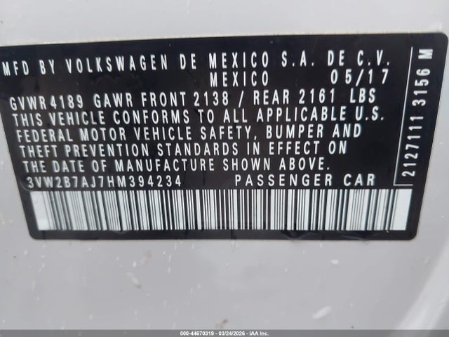 Продаж на аукціоні авто 2017 Volkswagen Jetta 1.4t S, vin: 3VW2B7AJ7HM394234, номер лоту: 44670319