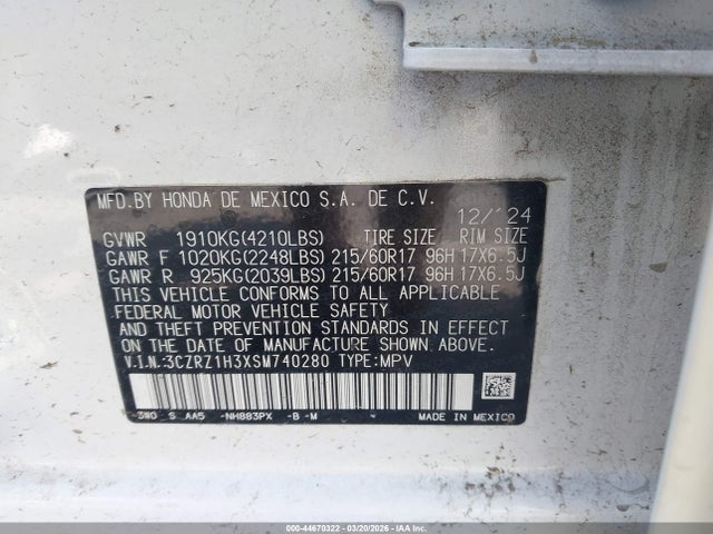 Продажа на аукционе авто 2025 Honda Hr-v 2wd Lx, vin: 3CZRZ1H3XSM740280, номер лота: 44670322