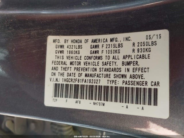 Honda Accord Ex-l 2015 1HGCR2F81FA192027 Image 9