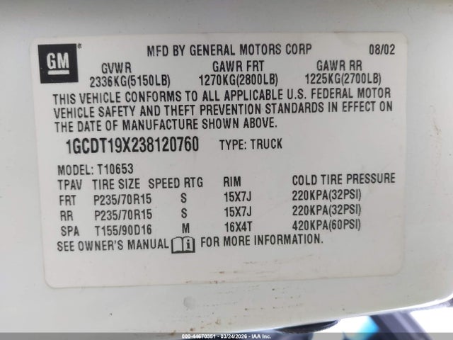 2003 Chevrolet S-10 Ls მანქანა იყიდება აუქციონზე, vin: 1GCDT19X238120760, აუქციონის ნომერი: 44670351