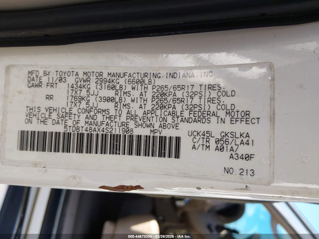 Aukcja sprzedaży 2004 Toyota Sequoia Limited V8, vin: 5TDBT48AX4S211908, numer aukcji: 44670355