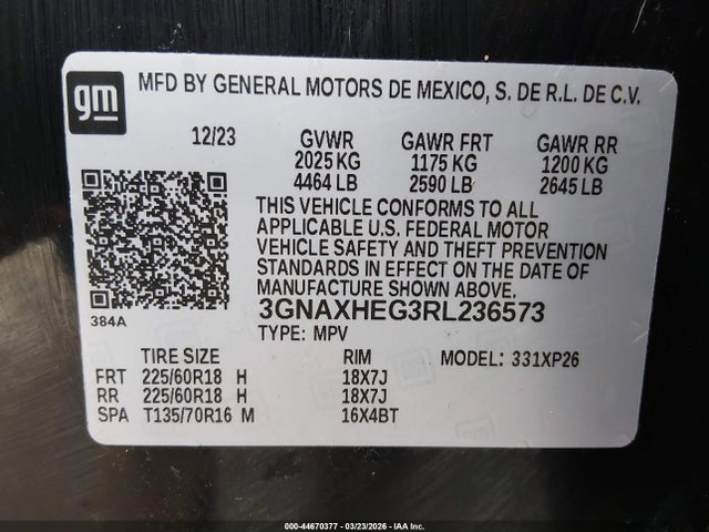 Aukcja sprzedaży 2024 Chevrolet Equinox Fwd Ls, vin: 3GNAXHEG3RL236573, numer aukcji: 44670377