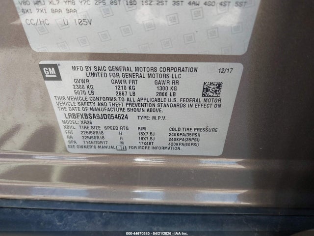 2018 Buick Envision Preferred მანქანა იყიდება აუქციონზე, vin: LRBFXBSA9JD054624, აუქციონის ნომერი: 44670380