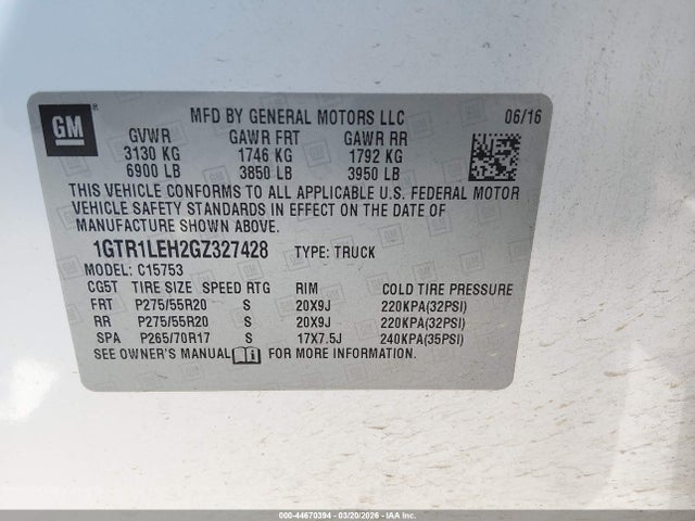 Aukcja sprzedaży 2016 Gmc Sierra 1500, vin: 1GTR1LEH2GZ327428, numer aukcji: 44670394