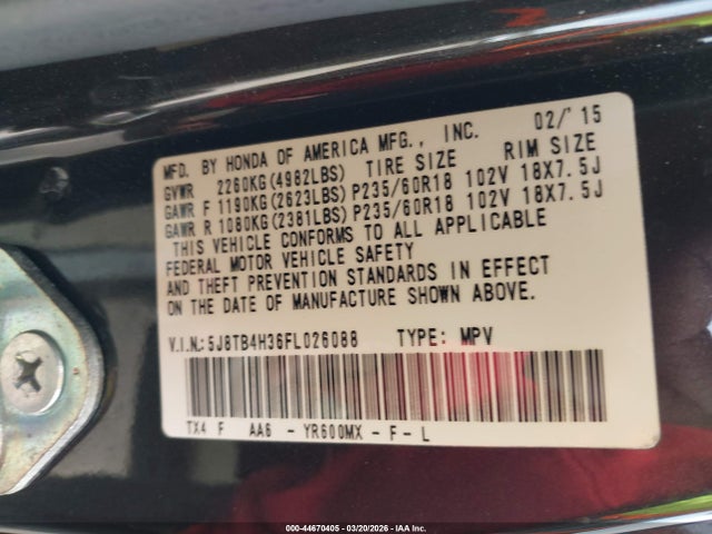 2015 Acura Rdx მანქანა იყიდება აუქციონზე, vin: 5J8TB4H36FL026088, აუქციონის ნომერი: 44670405