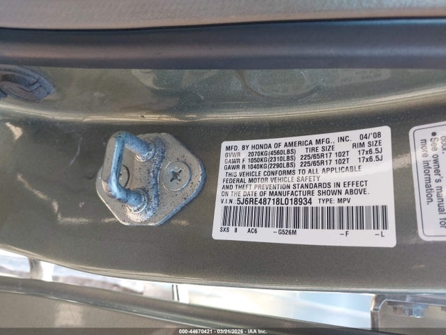 44670421 :رقم المزاد ، 5J6RE48718L018934 vin ، 2008 Honda Cr-v Ex-l مزاد بيع