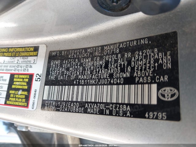 2018 Toyota Camry Se მანქანა იყიდება აუქციონზე, vin: 4T1B11HK7JU074040, აუქციონის ნომერი: 44670424