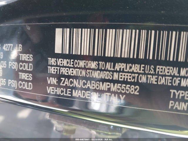 44670441 :رقم المزاد ، ZACNJCAB6MPM55582 vin ، 2021 Jeep Renegade Jeepster Fwd مزاد بيع