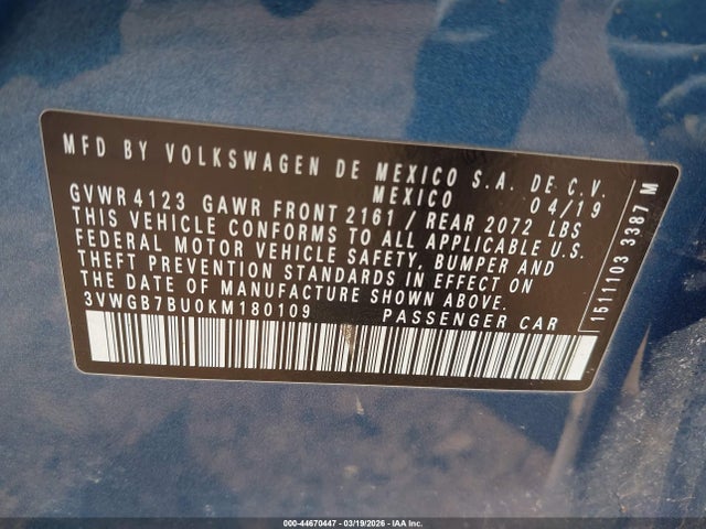 Продажа на аукционе авто 2019 Volkswagen Jetta 1.4t Sel Premium, vin: 3VWGB7BU0KM180109, номер лота: 44670447