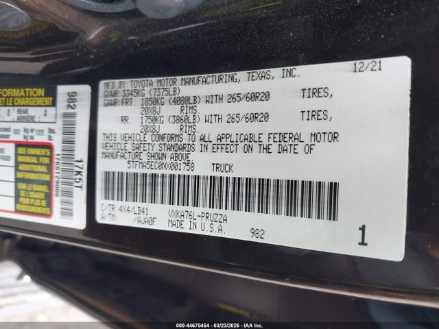 Toyota Tundra 2022 5TFMA5EC0NX001758 Image 9