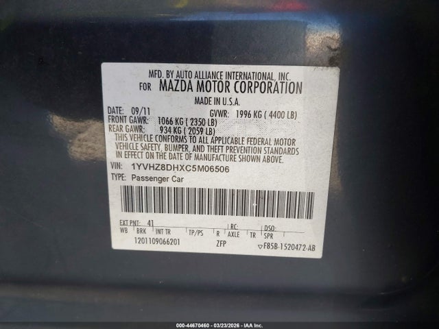 44670460 :رقم المزاد ، 1YVHZ8DHXC5M06506 vin ، 2012 Mazda Mazda6 I Touring مزاد بيع