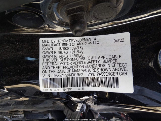 19XZE4F5XNE012562 Honda INSIGHT EX